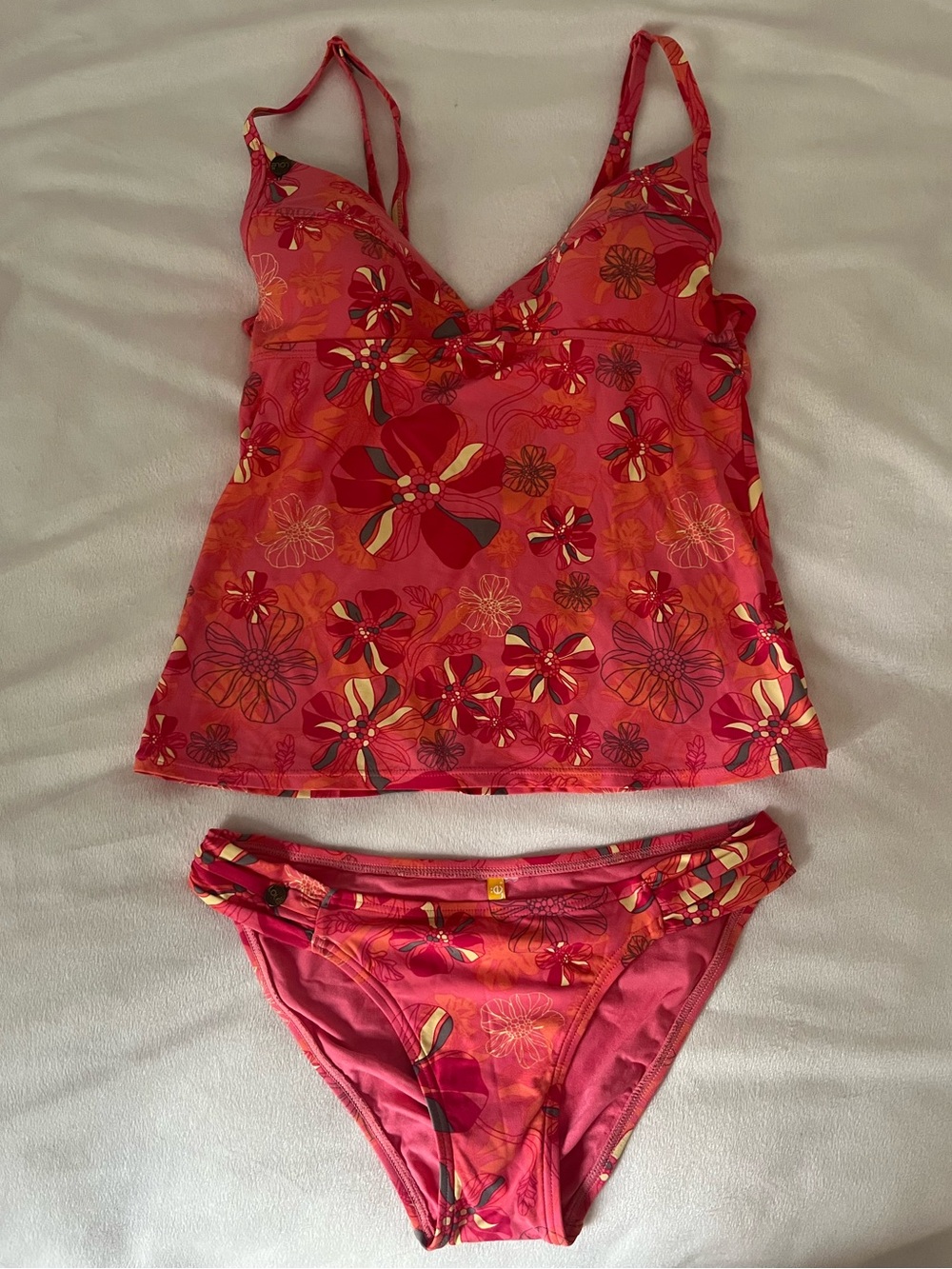 Lolë Red Orange Floral Tankini Swim Set with Two Bottoms